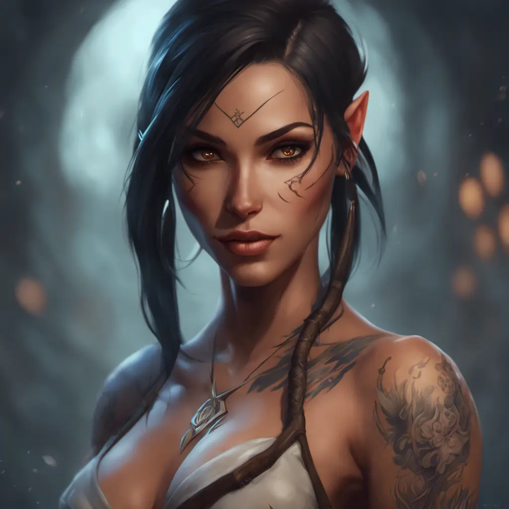 Matte portrait of Nidalee with tattoos, 8k, Highly Detailed, Alluring, Artstation, Bokeh effect, Sharp Focus, Volumetric Lighting, Concept Art by Stanley Artgerm Lau, Greg Rutkowski