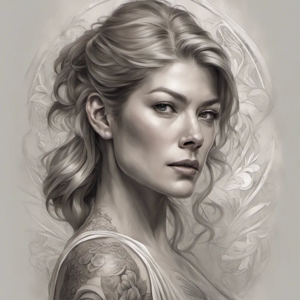 Matte portrait of Rosamund Pike with tattoos, 8k, Highly Detailed, Powerful, Alluring, Artstation, Magical, Digital Painting, Photo Realistic, Sharp Focus, Volumetric Lighting, Concept Art by Stanley Artgerm Lau, Alphonse Mucha, Greg Rutkowski