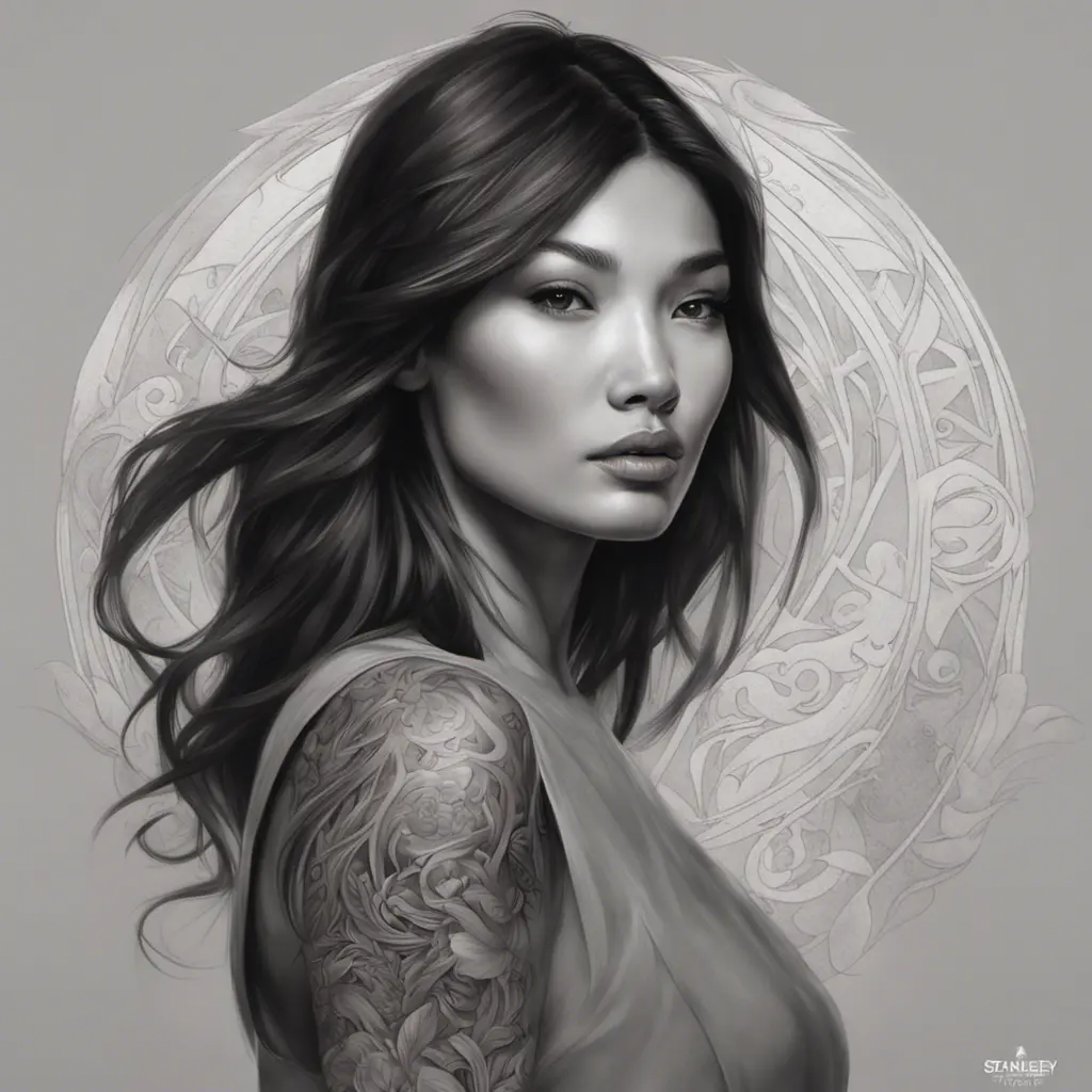 Matte portrait of Gemma Chan with tattoos, 8k, Highly Detailed, Powerful, Alluring, Artstation, Magical, Digital Painting, Photo Realistic, Sharp Focus, Volumetric Lighting, Concept Art by Stanley Artgerm Lau, Alphonse Mucha, Greg Rutkowski