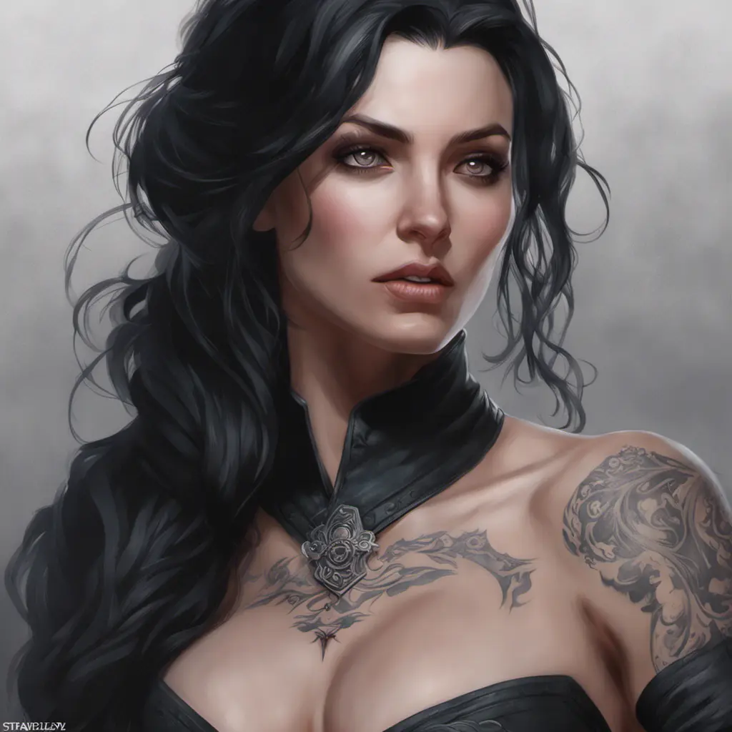 Matte portrait of Yennefer with tattoos, 8k, Highly Detailed, Powerful, Alluring, Artstation, Magical, Digital Painting, Photo Realistic, Sharp Focus, Volumetric Lighting, Concept Art by Stanley Artgerm Lau, Alphonse Mucha, Greg Rutkowski