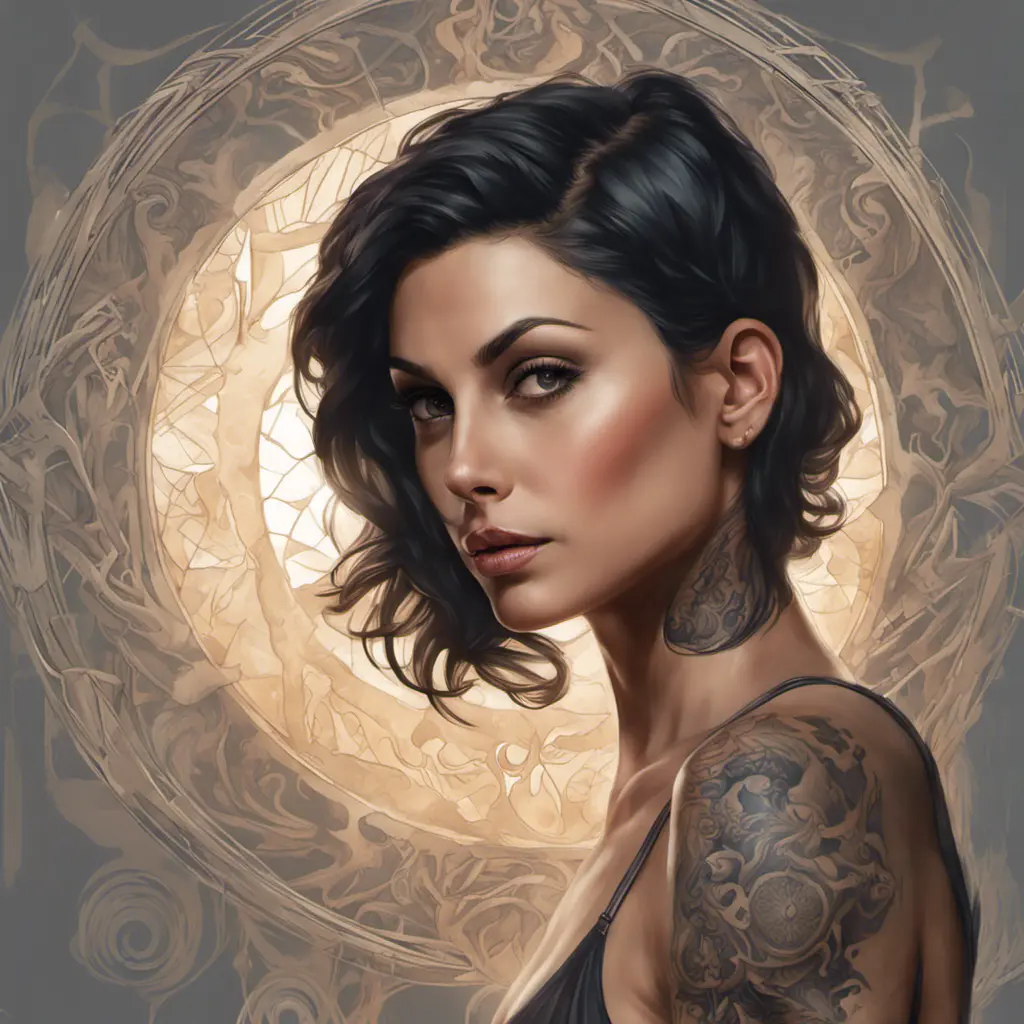 Matte portrait of Morena Baccarin with tattoos, 8k, Highly Detailed, Powerful, Alluring, Artstation, Magical, Digital Painting, Photo Realistic, Sharp Focus, Volumetric Lighting, Concept Art by Stanley Artgerm Lau, Alphonse Mucha, Greg Rutkowski