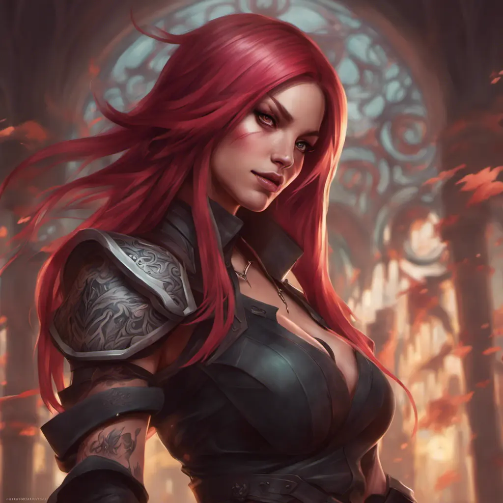 Matte portrait of Katarina from League of Legends with tattoos, 8k, Highly Detailed, Powerful, Alluring, Artstation, Magical, Digital Painting, Photo Realistic, Sharp Focus, Volumetric Lighting, Concept Art by Stanley Artgerm Lau, Alphonse Mucha, Greg Rutkowski