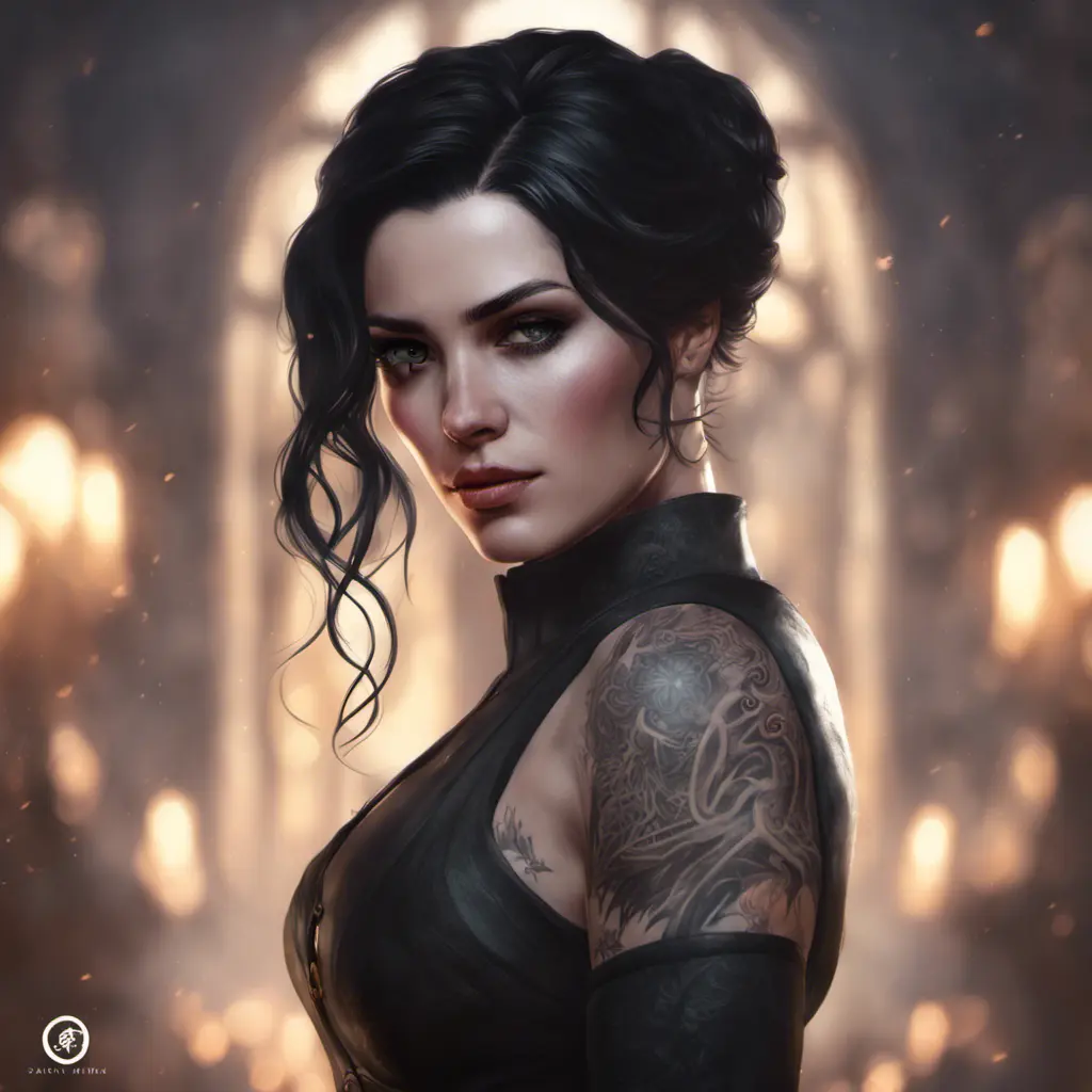 Matte portrait of Yennefer with tattoos, 8k, Highly Detailed, Alluring, Artstation, Bokeh effect, Sharp Focus, Volumetric Lighting, Concept Art by Stanley Artgerm Lau, Greg Rutkowski