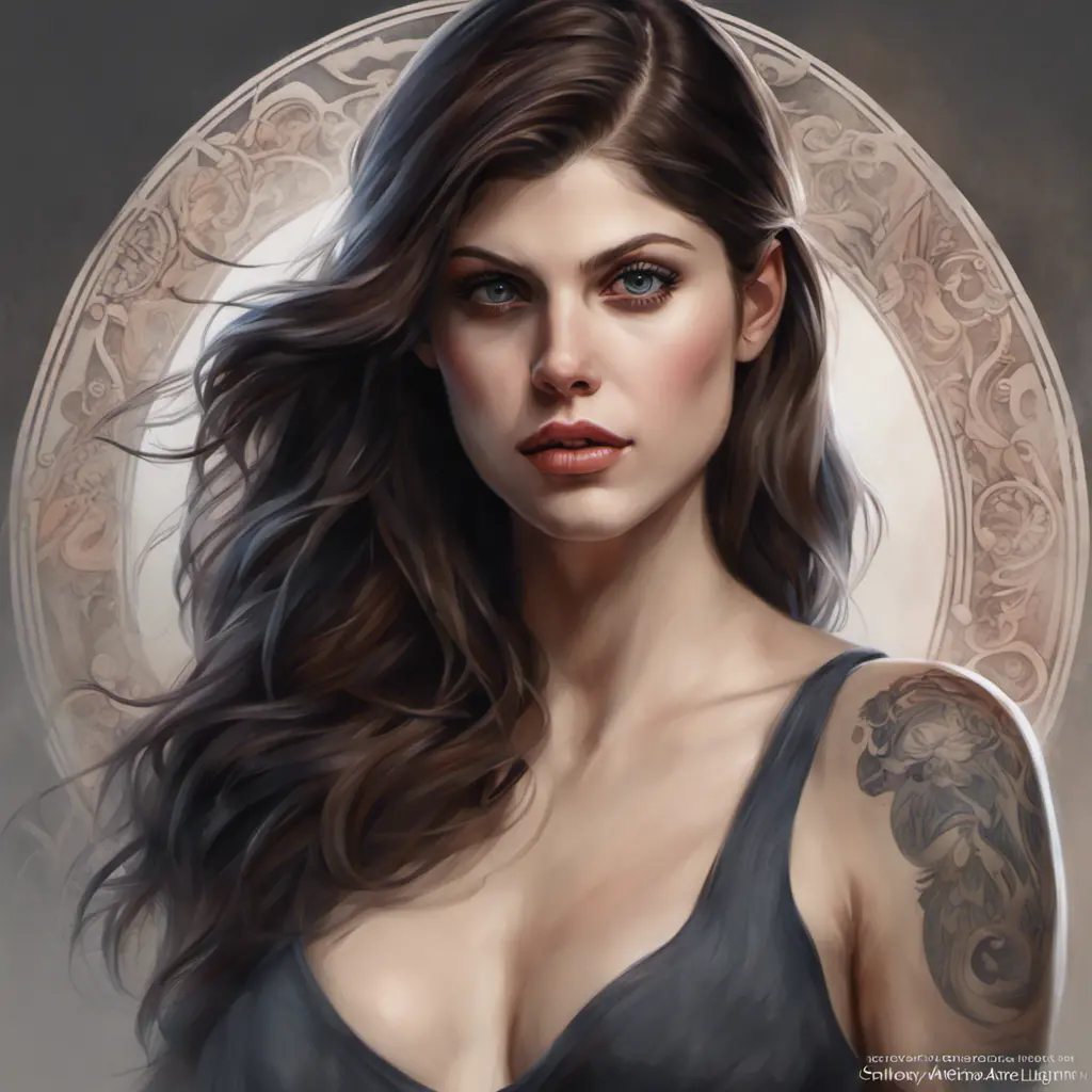 Matte portrait of Alexandra Daddario with tattoos, 8k, Highly Detailed, Powerful, Alluring, Artstation, Magical, Digital Painting, Photo Realistic, Sharp Focus, Volumetric Lighting, Concept Art by Stanley Artgerm Lau, Alphonse Mucha, Greg Rutkowski