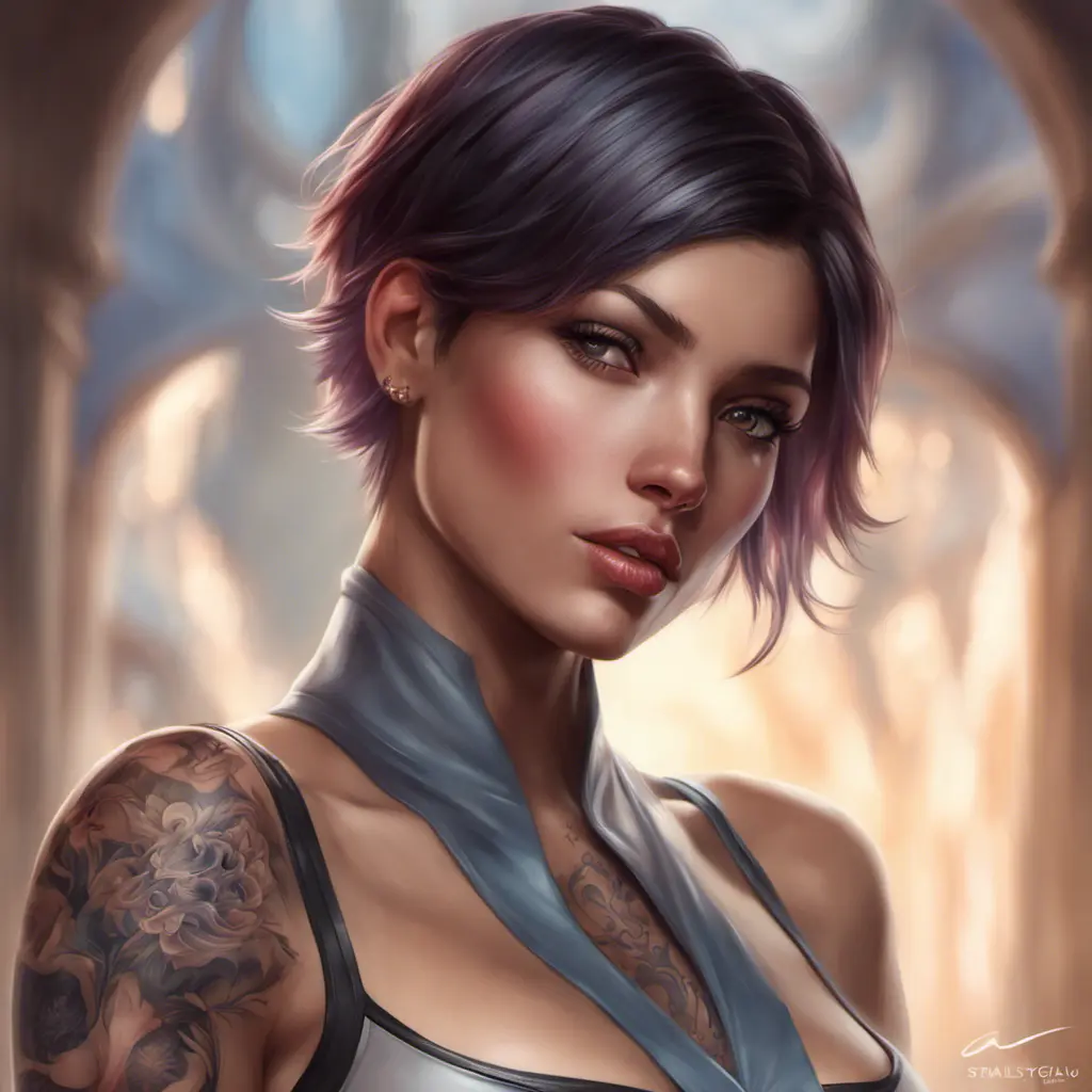 Matte portrait of Fiora with tattoos, 8k, Highly Detailed, Powerful, Alluring, Artstation, Magical, Digital Painting, Photo Realistic, Sharp Focus, Volumetric Lighting, Concept Art by Stanley Artgerm Lau, Alphonse Mucha, Greg Rutkowski