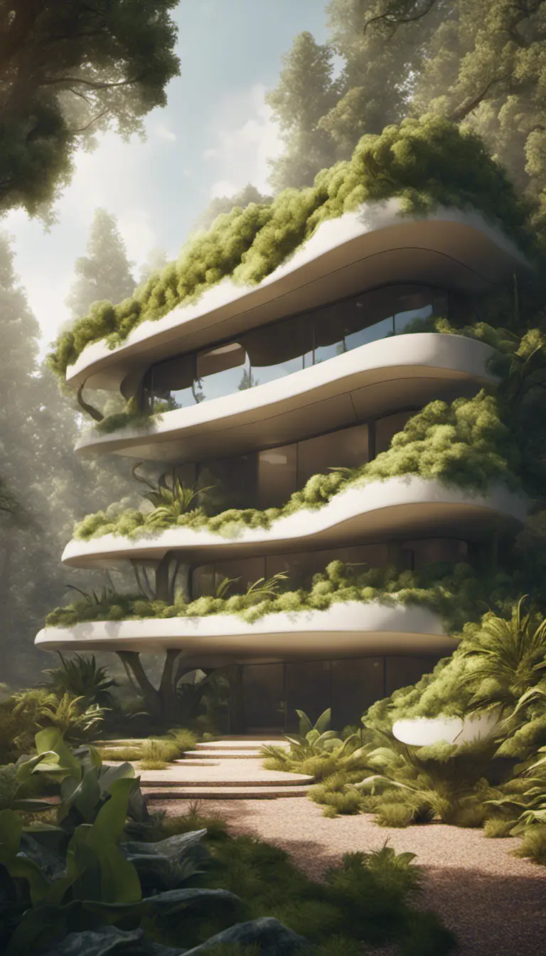 Beautiful futuristic organic house made from imaginary plants in a forest, 8k, Award-Winning, Highly Detailed, Beautiful, Epic, Octane Render, Unreal Engine, Radiant, Volumetric Lighting by Greg Rutkowski