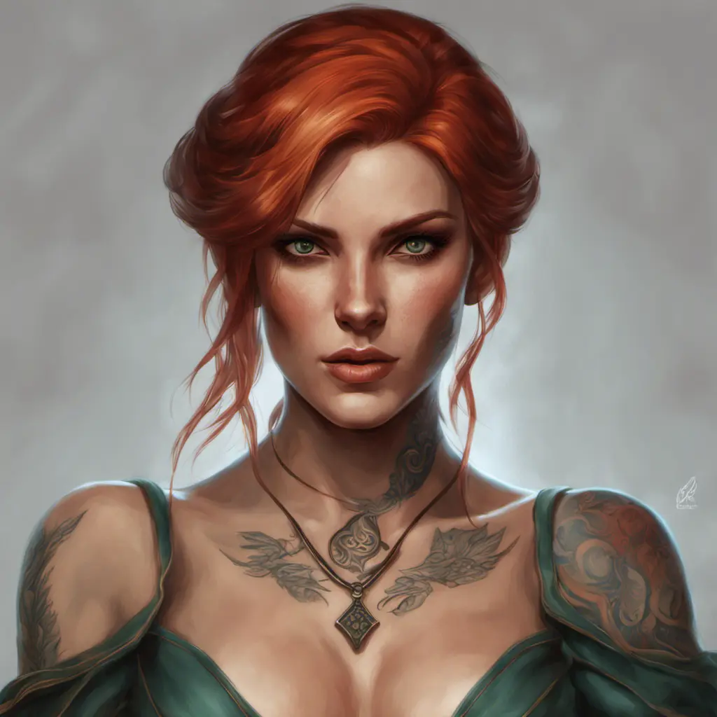 Matte portrait of Triss Merigold with tattoos, 8k, Highly Detailed, Powerful, Alluring, Artstation, Magical, Digital Painting, Photo Realistic, Sharp Focus, Volumetric Lighting, Concept Art by Stanley Artgerm Lau, Alphonse Mucha, Greg Rutkowski