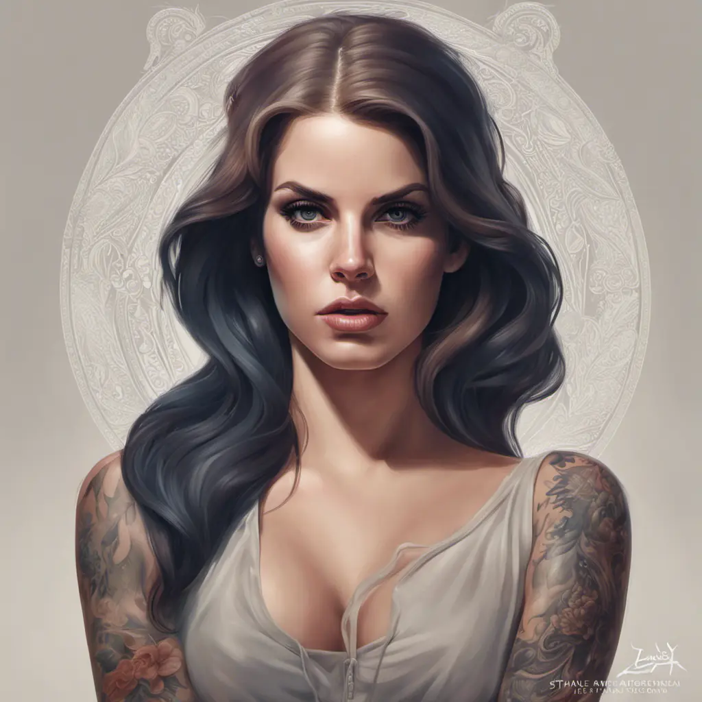 Matte portrait of Lana Del Rey with tattoos, 8k, Highly Detailed, Powerful, Alluring, Artstation, Magical, Digital Painting, Photo Realistic, Sharp Focus, Volumetric Lighting, Concept Art by Stanley Artgerm Lau, Alphonse Mucha, Greg Rutkowski