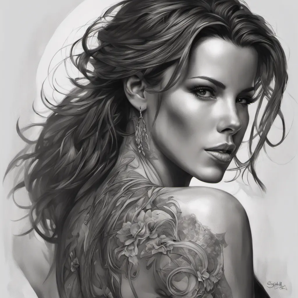 Matte portrait of Kate Beckinsale with tattoos, 8k, Highly Detailed, Powerful, Alluring, Artstation, Magical, Digital Painting, Photo Realistic, Sharp Focus, Volumetric Lighting, Concept Art by Stanley Artgerm Lau, Alphonse Mucha, Greg Rutkowski