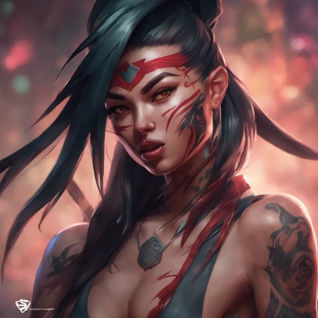 Matte portrait of Akali with tattoos, 8k, Highly Detailed, Alluring, Artstation, Bokeh effect, Sharp Focus, Volumetric Lighting, Concept Art by Stanley Artgerm Lau, Greg Rutkowski