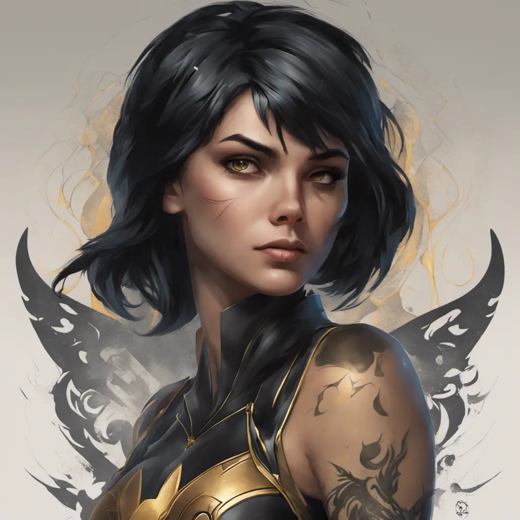 Matte portrait of Cassandra Cain with tattoos, 8k, Highly Detailed, Alluring, Artstation, Bokeh effect, Sharp Focus, Volumetric Lighting, Concept Art by Stanley Artgerm Lau, Alphonse Mucha, Greg Rutkowski