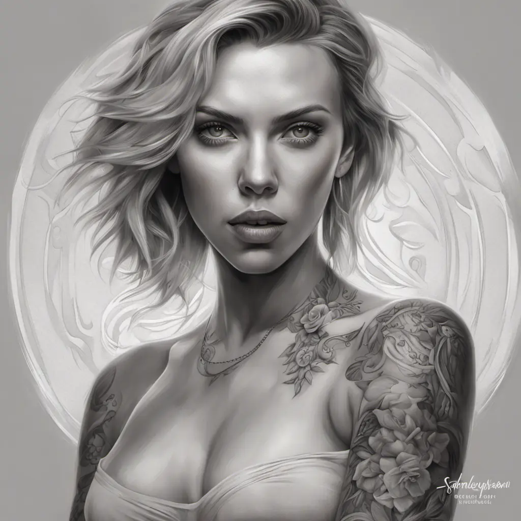 Matte portrait of Scarlett Johansson with tattoos, 8k, Highly Detailed, Powerful, Alluring, Artstation, Magical, Digital Painting, Photo Realistic, Sharp Focus, Volumetric Lighting, Concept Art by Stanley Artgerm Lau, Alphonse Mucha, Greg Rutkowski