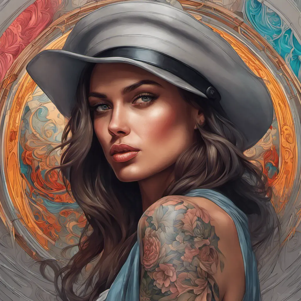 Colorful portrait of a tattooed Irina Shayk with a grey scale face, 4k, Highly Detailed, Hyper Detailed, Powerful, Artstation, Vintage Illustration, Digital Painting, Sharp Focus, Smooth, Concept Art by Stanley Artgerm Lau, Alphonse Mucha, Greg Rutkowski