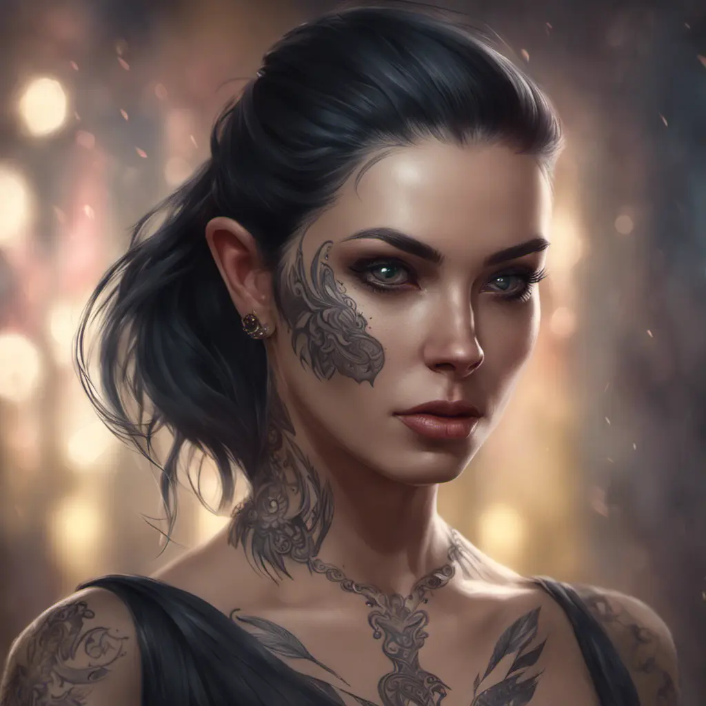 Matte portrait of Morgana with tattoos, 8k, Highly Detailed, Alluring, Artstation, Bokeh effect, Sharp Focus, Volumetric Lighting, Concept Art by Stanley Artgerm Lau, Greg Rutkowski