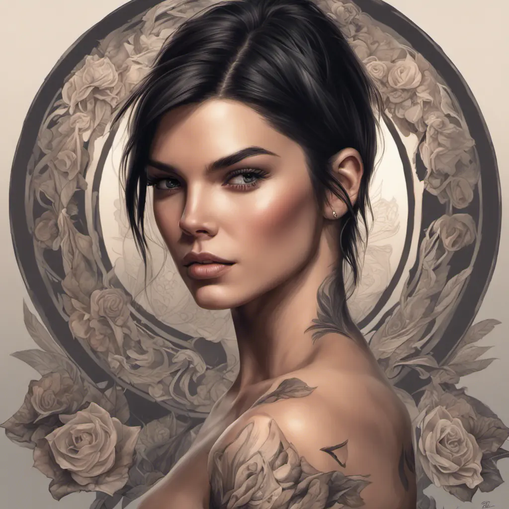 Matte portrait of Kendall Jenner with tattoos, 8k, Highly Detailed, Powerful, Alluring, Artstation, Magical, Digital Painting, Photo Realistic, Sharp Focus, Volumetric Lighting, Concept Art by Stanley Artgerm Lau, Alphonse Mucha, Greg Rutkowski