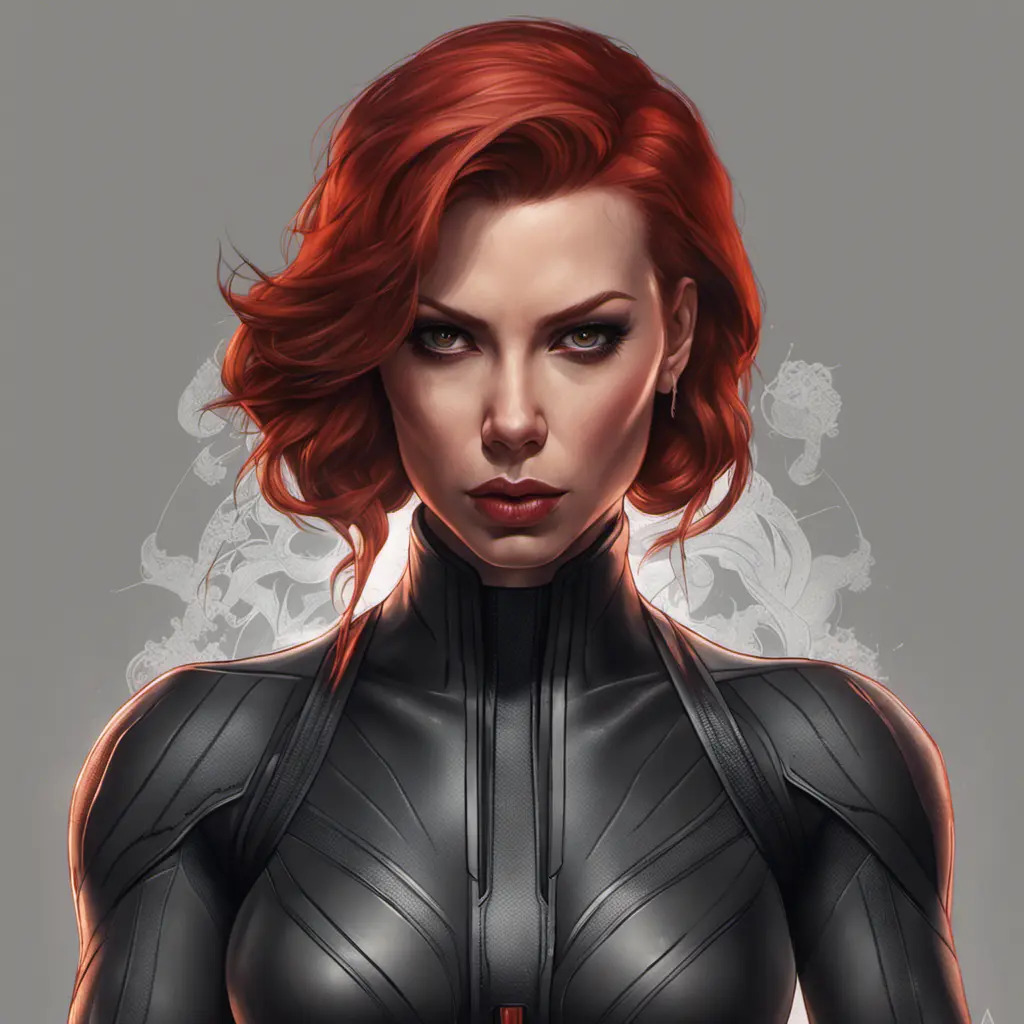 Matte portrait of Black Widow with tattoos, 8k, Highly Detailed, Powerful, Alluring, Artstation, Magical, Digital Painting, Photo Realistic, Sharp Focus, Volumetric Lighting, Concept Art by Stanley Artgerm Lau, Alphonse Mucha, Greg Rutkowski