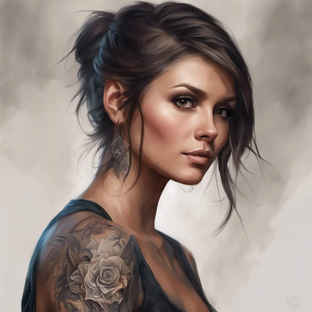 Matte portrait of Nina Dobrev with tattoos, 8k, Highly Detailed, Powerful, Alluring, Artstation, Magical, Digital Painting, Photo Realistic, Sharp Focus, Volumetric Lighting, Concept Art by Stanley Artgerm Lau, Alphonse Mucha, Greg Rutkowski