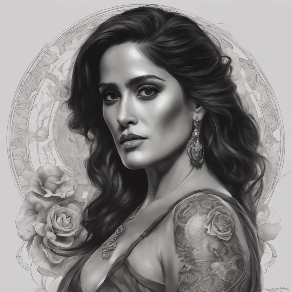 Matte portrait of Salma Hayek with tattoos, 8k, Highly Detailed, Powerful, Alluring, Artstation, Magical, Digital Painting, Photo Realistic, Sharp Focus, Volumetric Lighting, Concept Art by Stanley Artgerm Lau, Alphonse Mucha, Greg Rutkowski