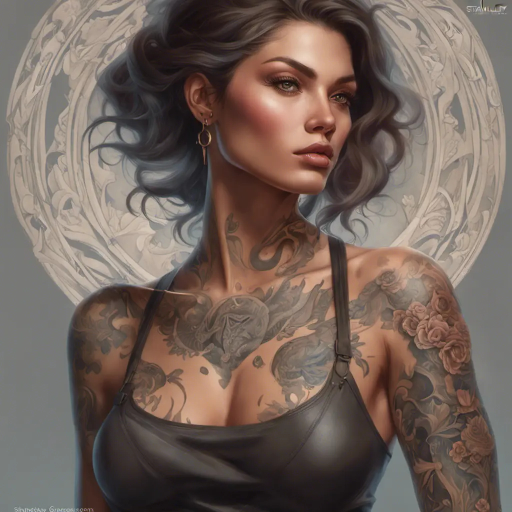 Matte portrait of Allesandra Ambrosio with tattoos, 8k, Highly Detailed, Powerful, Alluring, Artstation, Magical, Digital Painting, Photo Realistic, Sharp Focus, Volumetric Lighting, Concept Art by Stanley Artgerm Lau, Alphonse Mucha, Greg Rutkowski