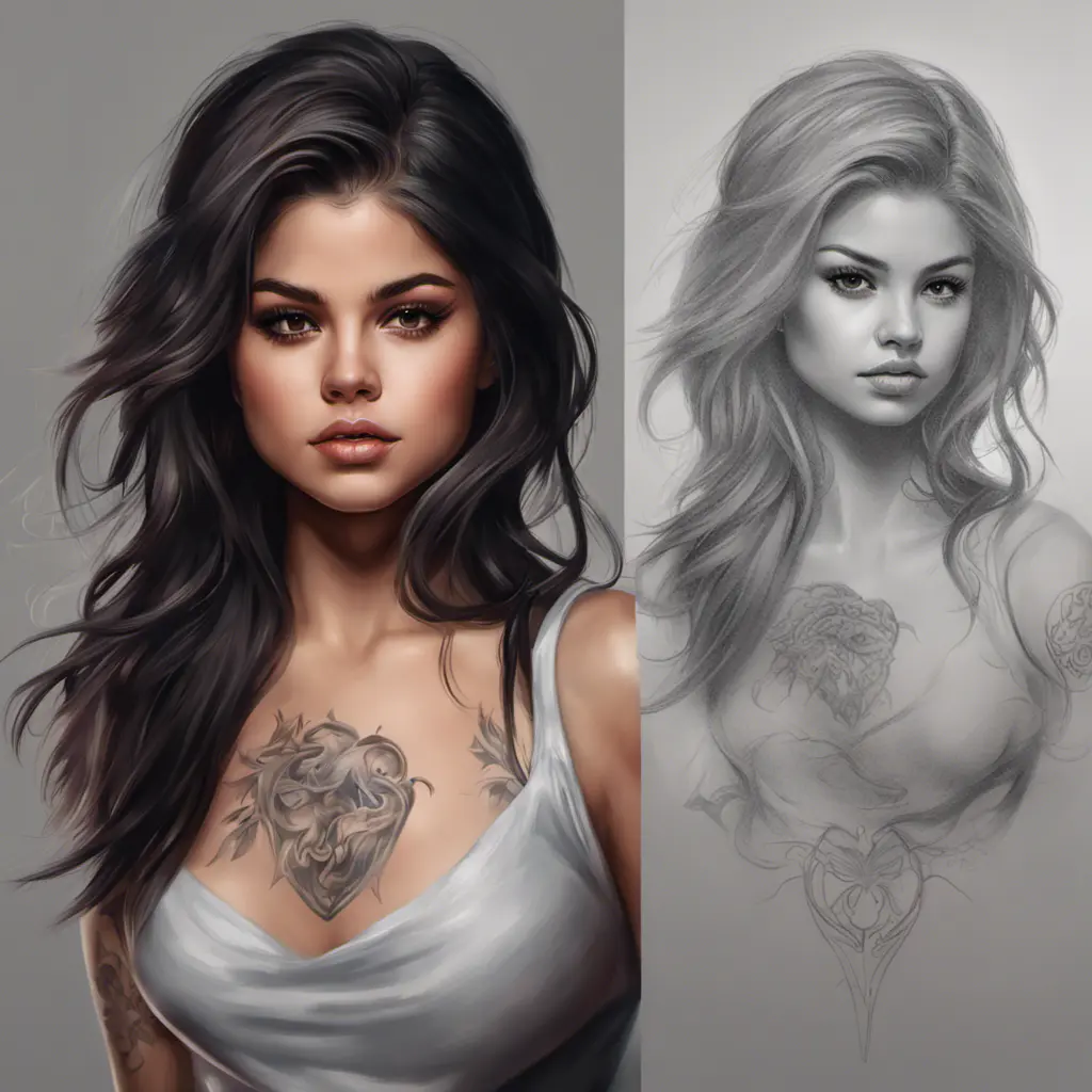 Matte portrait of Selena Gomez with tattoos, 8k, Highly Detailed, Powerful, Alluring, Artstation, Magical, Digital Painting, Photo Realistic, Sharp Focus, Volumetric Lighting, Concept Art by Stanley Artgerm Lau, Alphonse Mucha, Greg Rutkowski