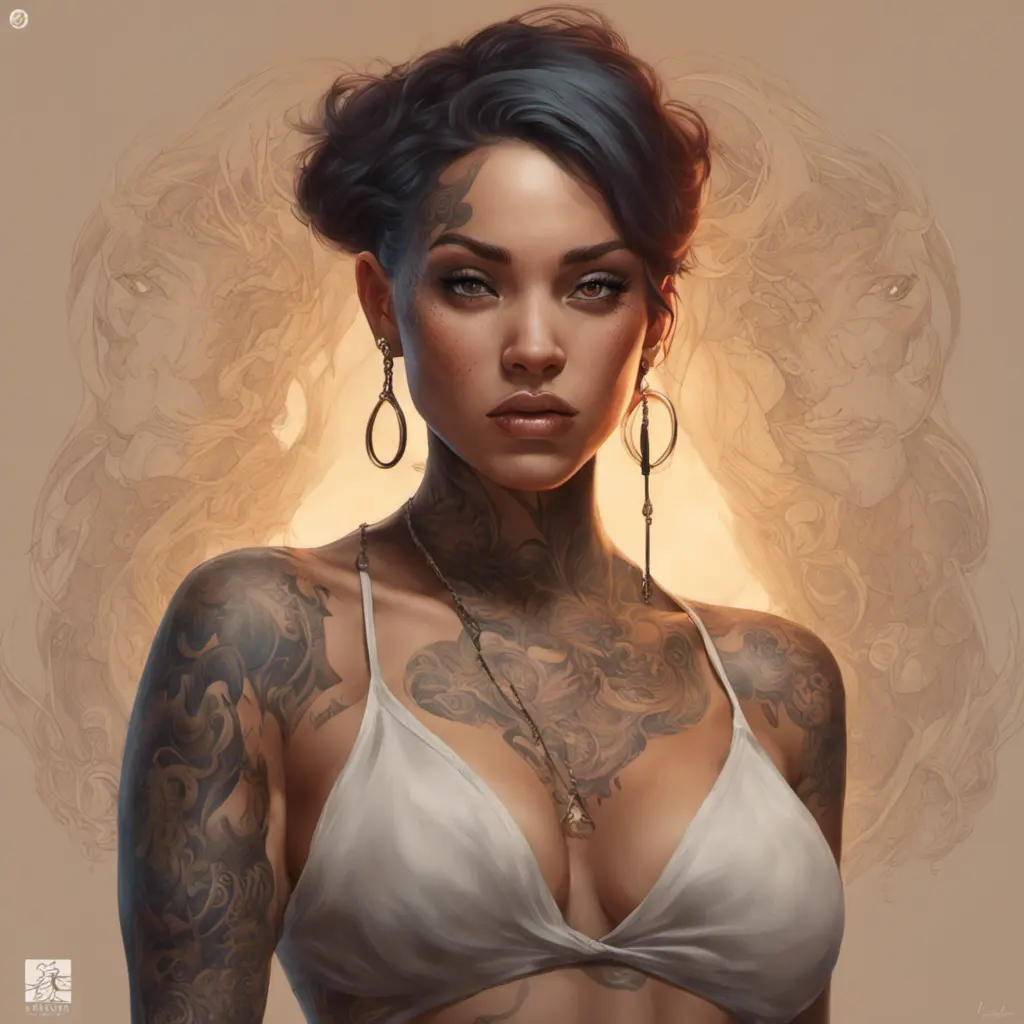 Matte portrait of Zoe Saldaña with tattoos, 8k, Highly Detailed, Powerful, Alluring, Artstation, Magical, Digital Painting, Photo Realistic, Sharp Focus, Volumetric Lighting, Concept Art by Stanley Artgerm Lau, Alphonse Mucha, Greg Rutkowski