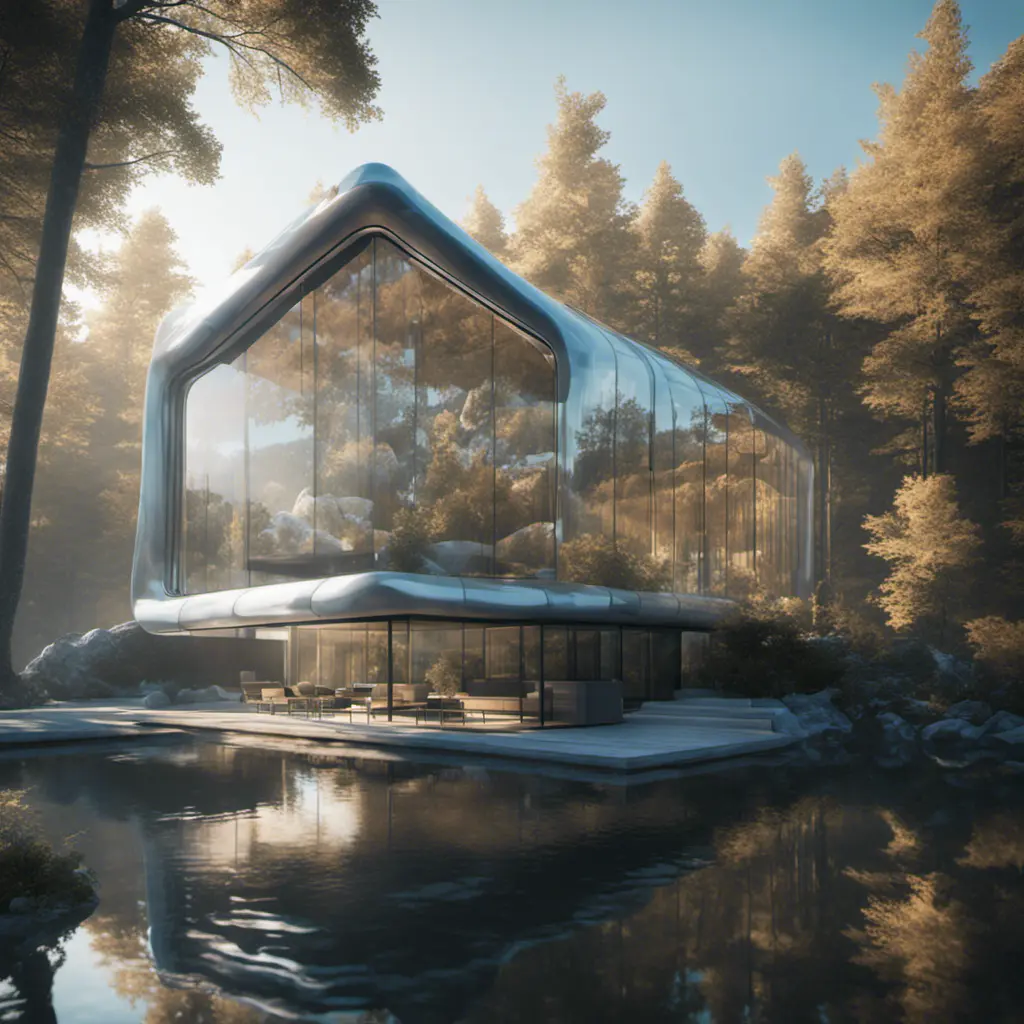 Beautiful futuristic architectural glass house in the forest on a large lake, 8k, Award-Winning, Highly Detailed, Beautiful, Epic, Octane Render, Unreal Engine, Radiant, Volumetric Lighting by Archillect