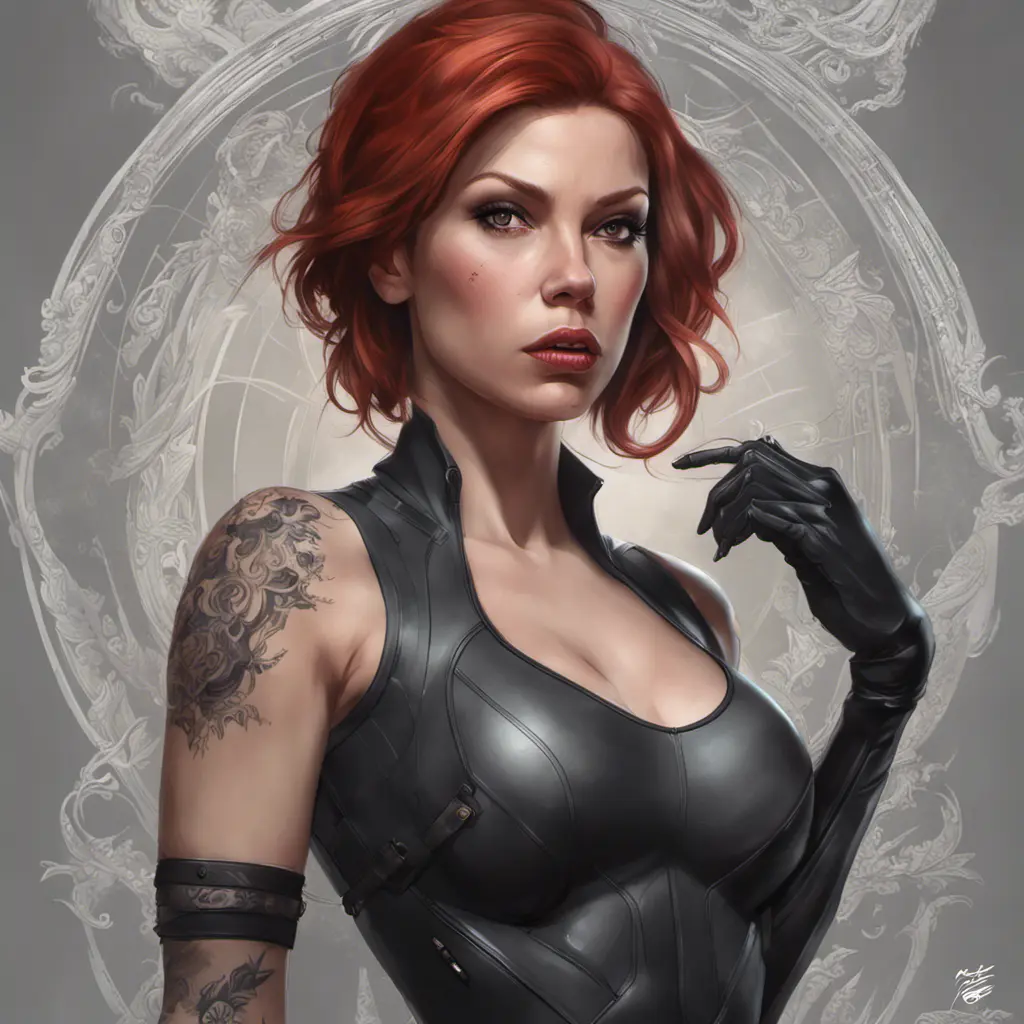 Matte portrait of Black Widow with tattoos, 8k, Highly Detailed, Powerful, Alluring, Artstation, Magical, Digital Painting, Photo Realistic, Sharp Focus, Volumetric Lighting, Concept Art by Stanley Artgerm Lau, Alphonse Mucha, Greg Rutkowski