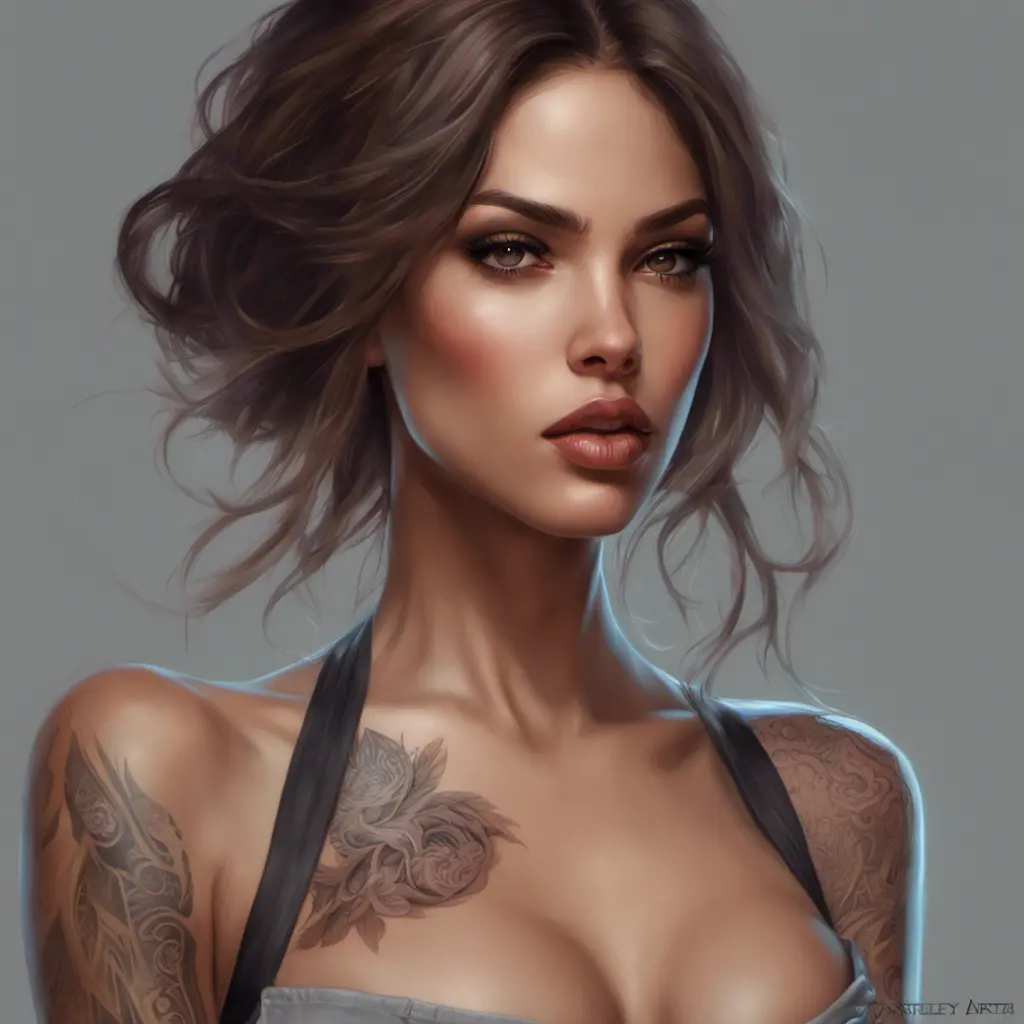 Matte portrait of Eiza González with tattoos, 8k, Highly Detailed, Powerful, Alluring, Artstation, Magical, Digital Painting, Photo Realistic, Sharp Focus, Volumetric Lighting, Concept Art by Stanley Artgerm Lau, Alphonse Mucha, Greg Rutkowski