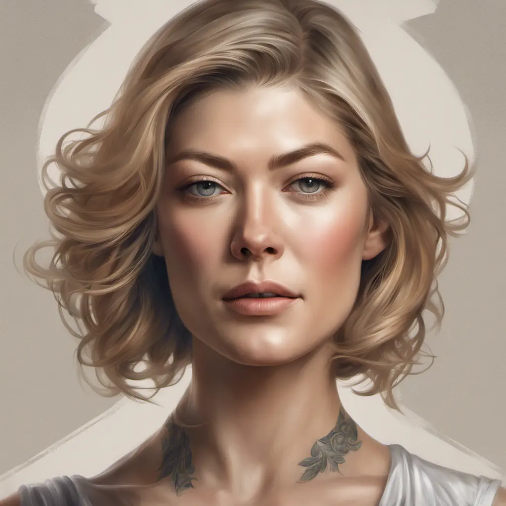 Matte portrait of Rosamund Pike with tattoos, 8k, Highly Detailed, Powerful, Alluring, Artstation, Magical, Digital Painting, Photo Realistic, Sharp Focus, Volumetric Lighting, Concept Art by Stanley Artgerm Lau, Alphonse Mucha, Greg Rutkowski