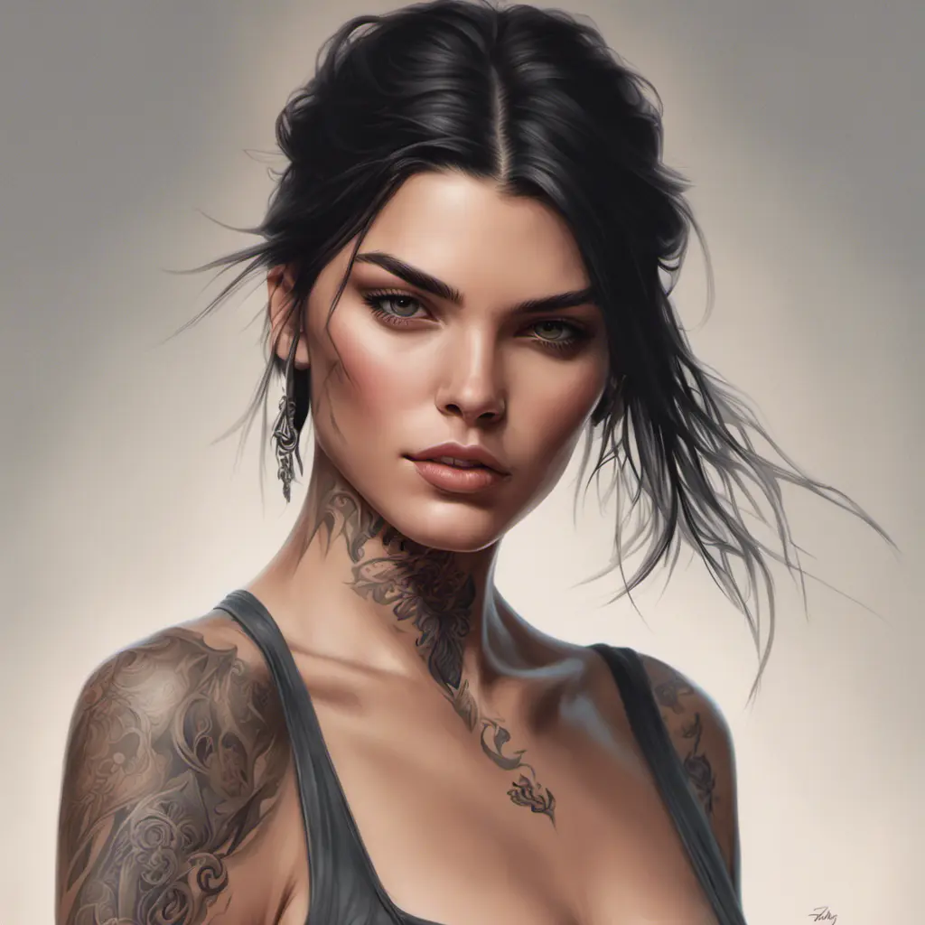 Matte portrait of Kendall Jenner with tattoos, 8k, Highly Detailed, Powerful, Alluring, Artstation, Magical, Digital Painting, Photo Realistic, Sharp Focus, Volumetric Lighting, Concept Art by Stanley Artgerm Lau, Alphonse Mucha, Greg Rutkowski