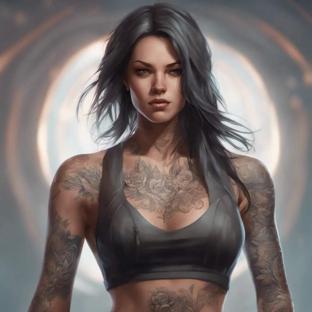 Matte portrait of A2 with tattoos, 8k, Highly Detailed, Alluring, Artstation, Bokeh effect, Sharp Focus, Volumetric Lighting, Concept Art by Stanley Artgerm Lau, Greg Rutkowski