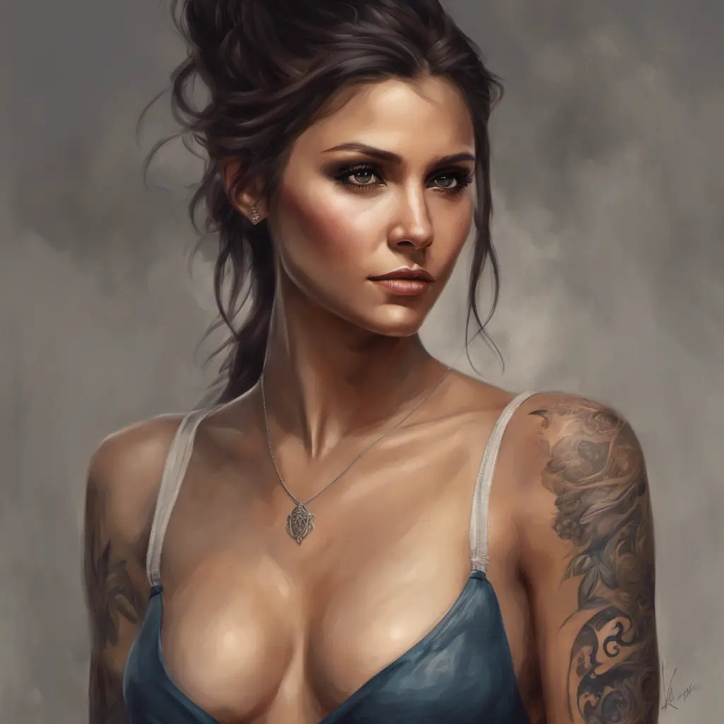 Matte portrait of Nina Dobrev with tattoos, 8k, Highly Detailed, Powerful, Alluring, Artstation, Magical, Digital Painting, Photo Realistic, Sharp Focus, Volumetric Lighting, Concept Art by Stanley Artgerm Lau, Alphonse Mucha, Greg Rutkowski