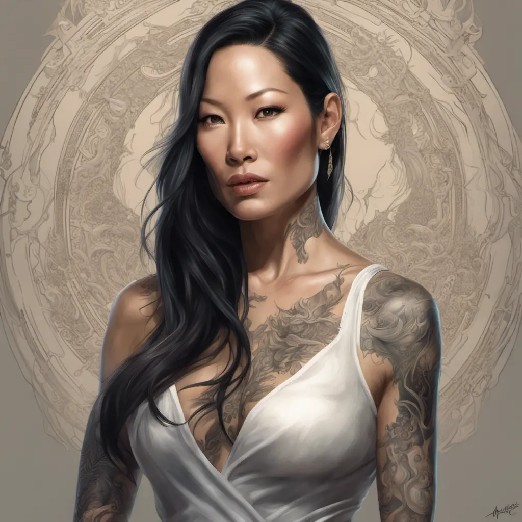 Matte portrait of Lucy Liu with tattoos, 8k, Highly Detailed, Powerful, Alluring, Artstation, Magical, Digital Painting, Photo Realistic, Sharp Focus, Volumetric Lighting, Concept Art by Stanley Artgerm Lau, Alphonse Mucha, Greg Rutkowski