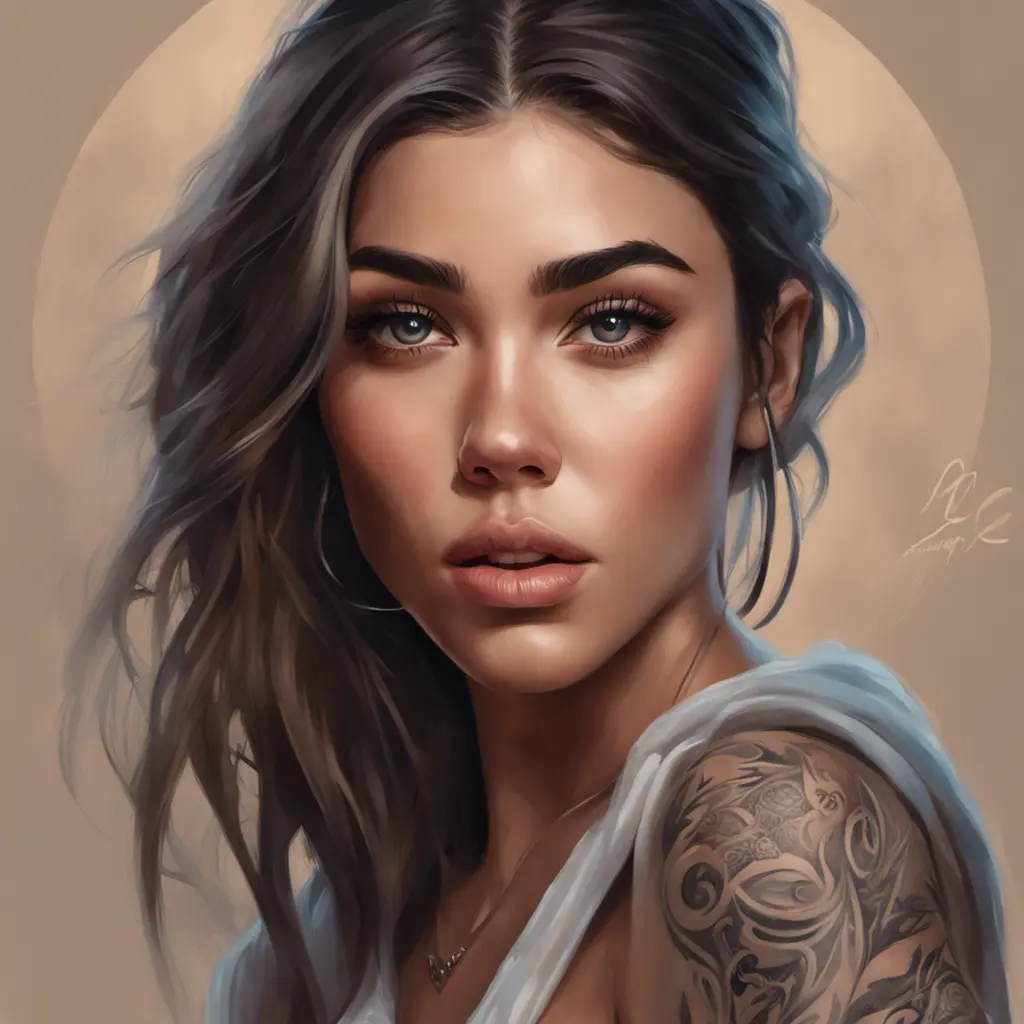 Matte portrait of Madison Beer with tattoos, 8k, Highly Detailed, Powerful, Alluring, Artstation, Magical, Digital Painting, Photo Realistic, Sharp Focus, Volumetric Lighting, Concept Art by Stanley Artgerm Lau, Alphonse Mucha, Greg Rutkowski