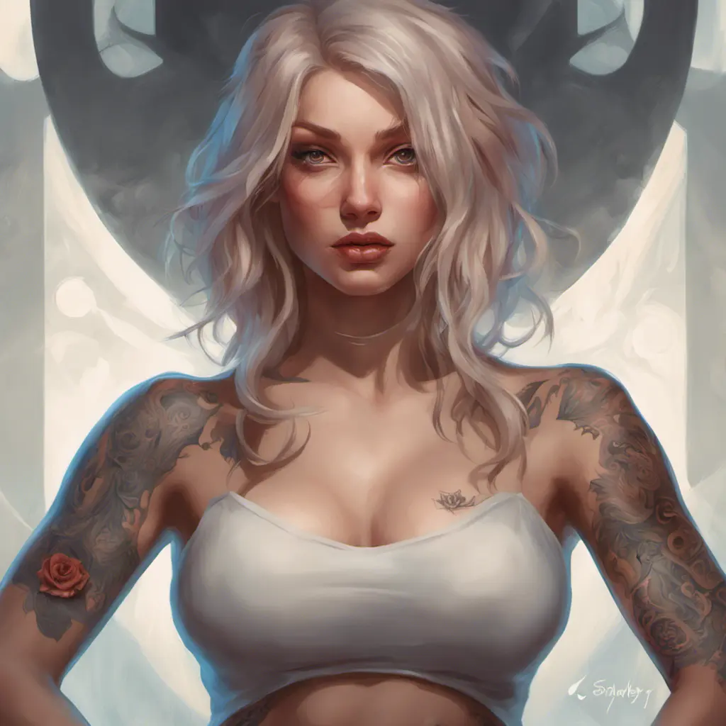 Matte portrait of Quinn with tattoos, 8k, Highly Detailed, Powerful, Alluring, Artstation, Magical, Digital Painting, Photo Realistic, Sharp Focus, Volumetric Lighting, Concept Art by Stanley Artgerm Lau, Alphonse Mucha, Greg Rutkowski