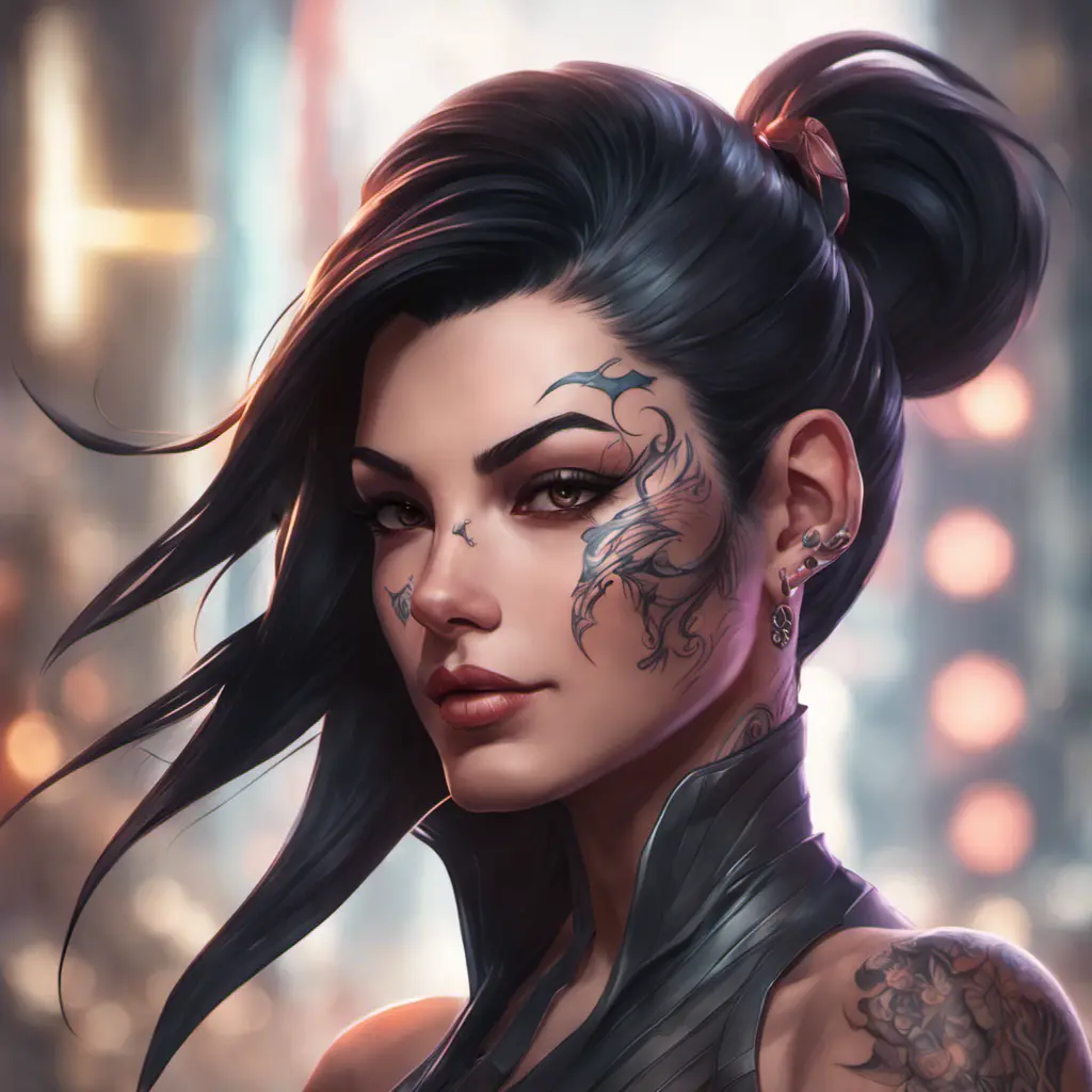 Matte portrait of Vayne with tattoos, 8k, Highly Detailed, Alluring, Artstation, Bokeh effect, Sharp Focus, Volumetric Lighting, Concept Art by Stanley Artgerm Lau, Greg Rutkowski