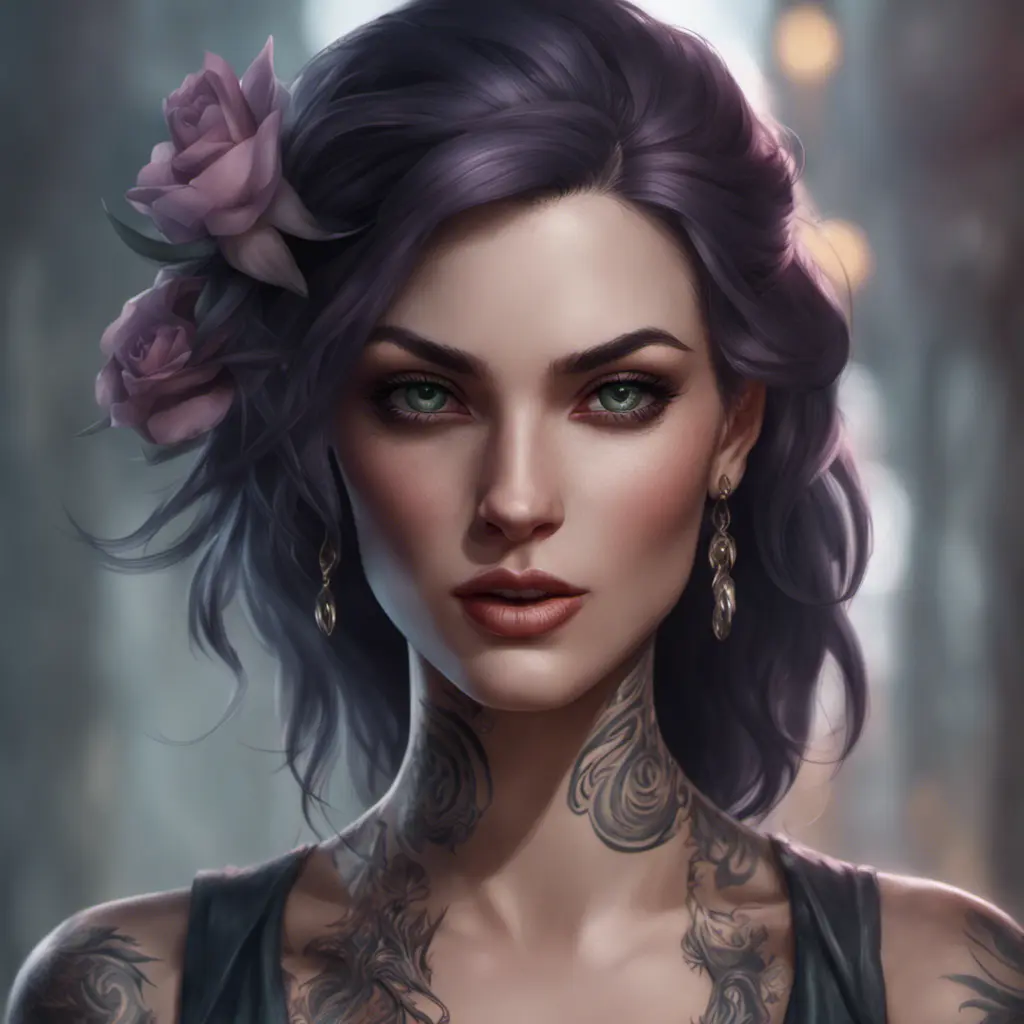 Matte portrait of Morgana with tattoos, 8k, Highly Detailed, Alluring, Artstation, Bokeh effect, Sharp Focus, Volumetric Lighting, Concept Art by Stanley Artgerm Lau, Greg Rutkowski