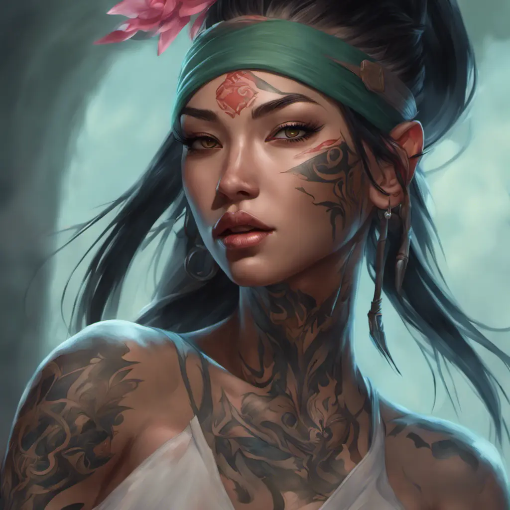 Matte portrait of Akali with tattoos, 8k, Highly Detailed, Powerful, Alluring, Artstation, Magical, Digital Painting, Photo Realistic, Sharp Focus, Volumetric Lighting, Concept Art by Stanley Artgerm Lau, Alphonse Mucha, Greg Rutkowski