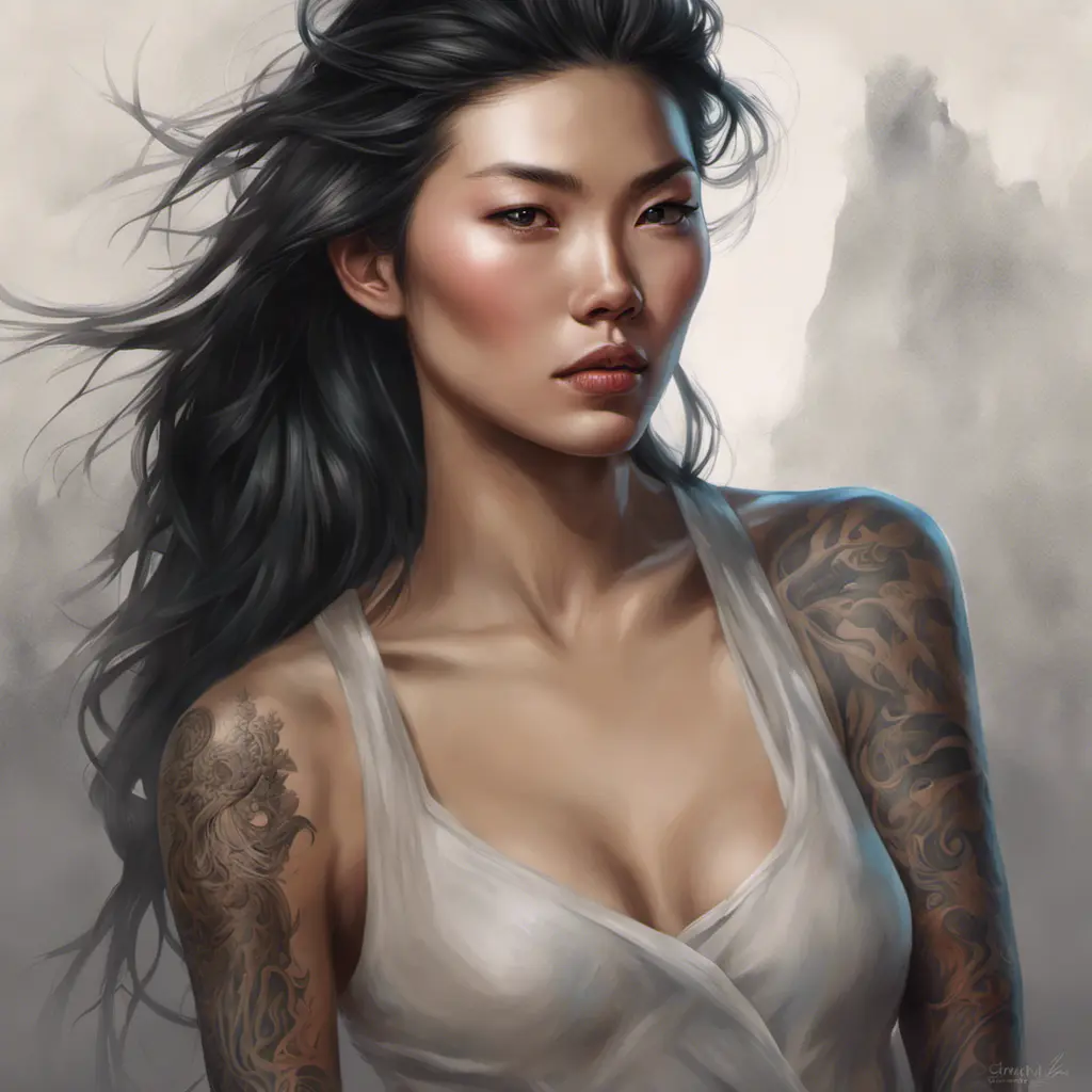 Matte portrait of Liu Wen with tattoos, 8k, Highly Detailed, Powerful, Alluring, Artstation, Magical, Digital Painting, Photo Realistic, Sharp Focus, Volumetric Lighting, Concept Art by Stanley Artgerm Lau, Alphonse Mucha, Greg Rutkowski