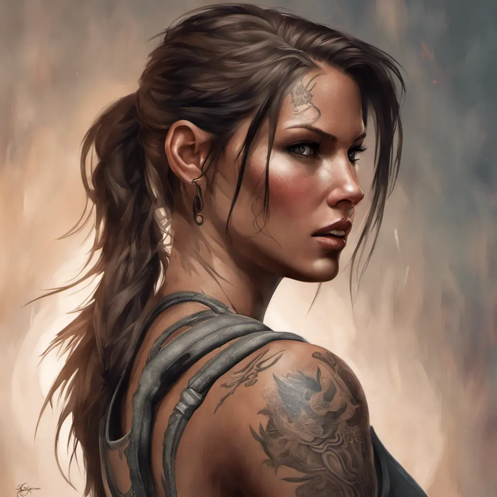 Matte portrait of Lara Croft with tattoos, 8k, Highly Detailed, Powerful, Alluring, Artstation, Magical, Digital Painting, Photo Realistic, Sharp Focus, Volumetric Lighting, Concept Art by Stanley Artgerm Lau, Alphonse Mucha, Greg Rutkowski