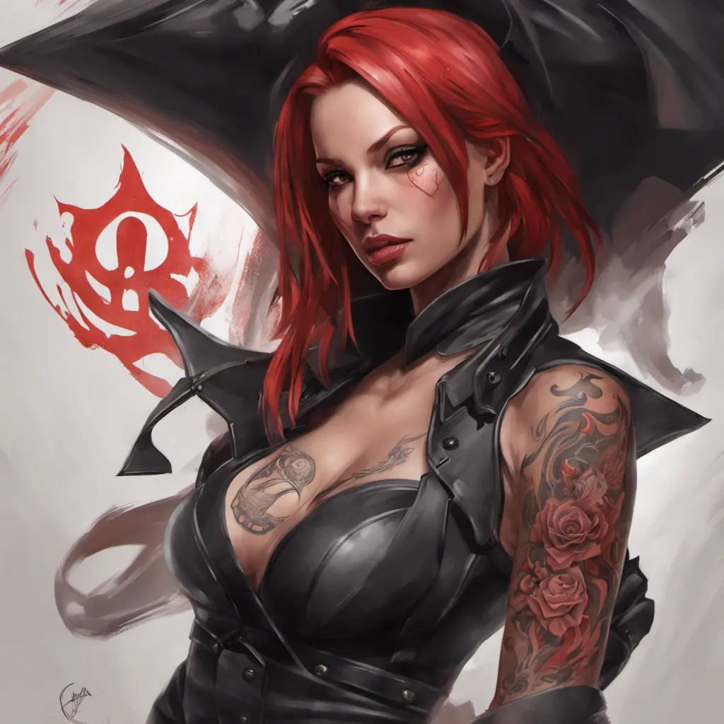 Matte portrait of BloodRayne  with tattoos, 8k, Highly Detailed, Powerful, Alluring, Artstation, Magical, Digital Painting, Photo Realistic, Sharp Focus, Volumetric Lighting, Concept Art by Stanley Artgerm Lau, Alphonse Mucha, Greg Rutkowski