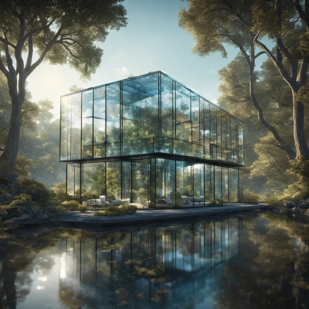 Beautiful futuristic architectural glass house in the forest on a large lake, 8k, Award-Winning, Highly Detailed, Beautiful, Epic, Octane Render, Unreal Engine, Radiant, Volumetric Lighting by Louis Comfort Tiffany