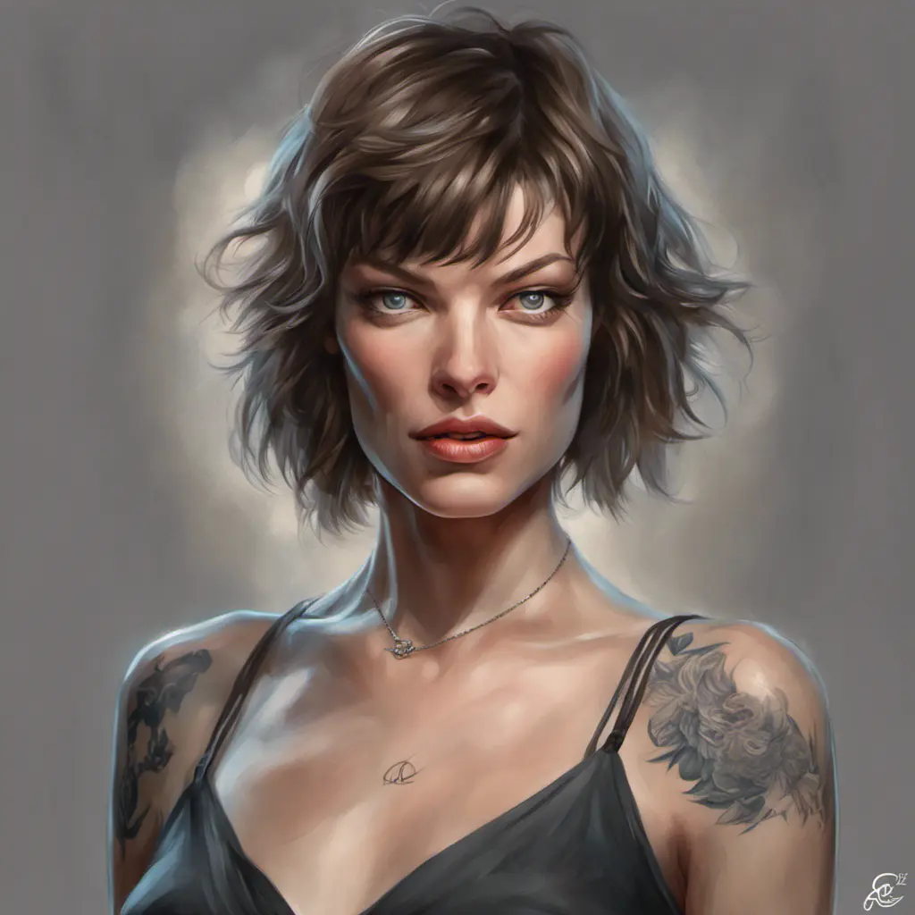 Matte portrait of Milla Jovovich with tattoos, 8k, Highly Detailed, Alluring, Artstation, Bokeh effect, Sharp Focus, Volumetric Lighting, Concept Art by Stanley Artgerm Lau, Greg Rutkowski