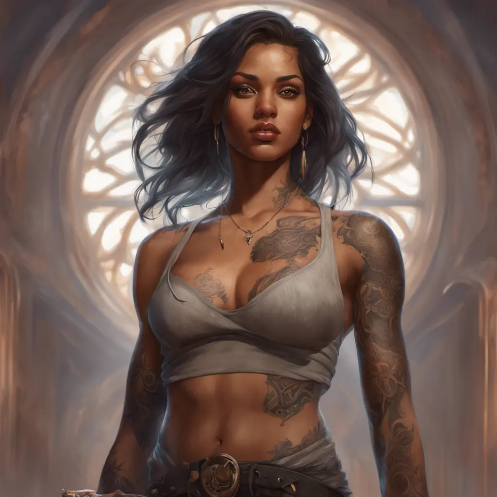 Matte portrait of Samira with tattoos, 8k, Highly Detailed, Powerful, Alluring, Artstation, Magical, Digital Painting, Photo Realistic, Sharp Focus, Volumetric Lighting, Concept Art by Stanley Artgerm Lau, Alphonse Mucha, Greg Rutkowski