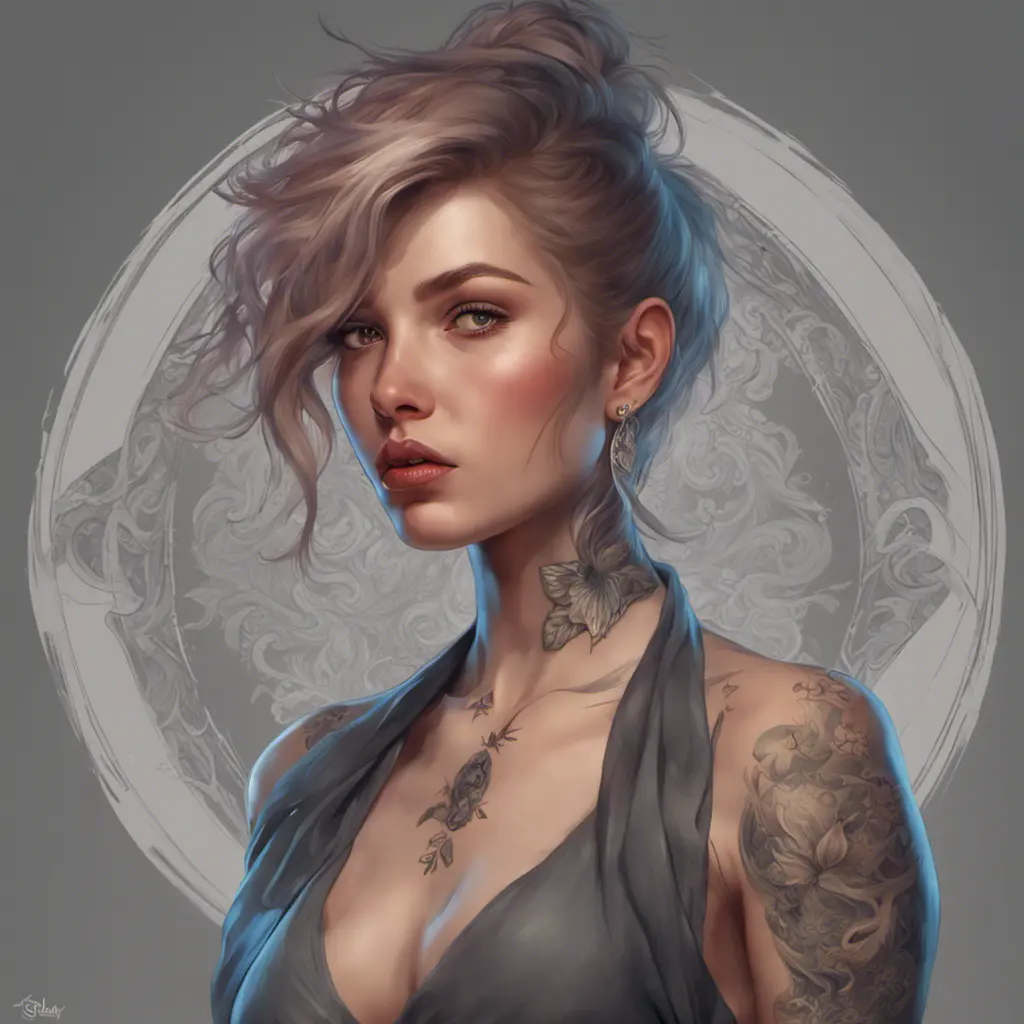 Matte portrait of Lyx with tattoos, 8k, Highly Detailed, Powerful, Alluring, Artstation, Magical, Digital Painting, Photo Realistic, Sharp Focus, Volumetric Lighting, Concept Art by Stanley Artgerm Lau, Alphonse Mucha, Greg Rutkowski