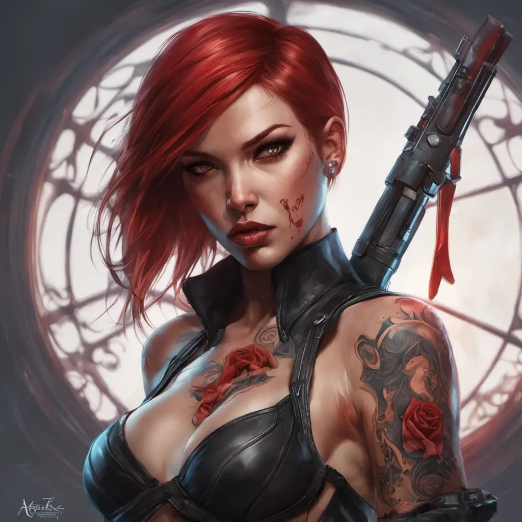 Matte portrait of BloodRayne  with tattoos, 8k, Highly Detailed, Powerful, Alluring, Artstation, Magical, Digital Painting, Photo Realistic, Sharp Focus, Volumetric Lighting, Concept Art by Stanley Artgerm Lau, Alphonse Mucha, Greg Rutkowski