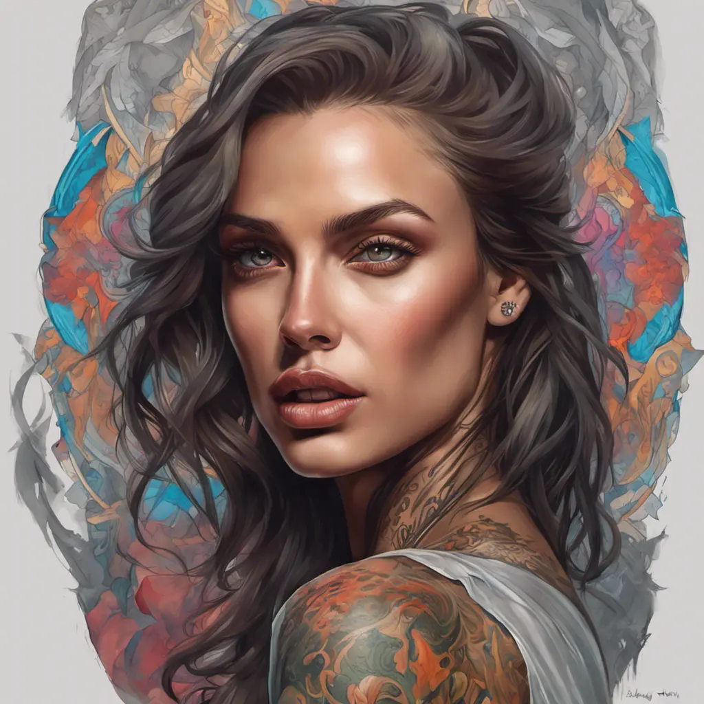 Colorful portrait of a tattooed Irina Shayk with a grey scale face, 4k, Highly Detailed, Hyper Detailed, Powerful, Artstation, Vintage Illustration, Digital Painting, Sharp Focus, Smooth, Concept Art by Stanley Artgerm Lau, Alphonse Mucha, Greg Rutkowski