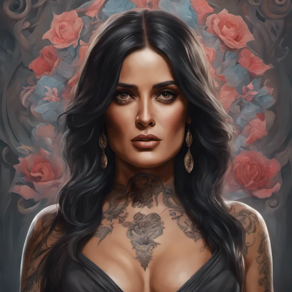 Matte portrait of Salma Hayek with tattoos, 8k, Highly Detailed, Powerful, Alluring, Artstation, Magical, Digital Painting, Photo Realistic, Sharp Focus, Volumetric Lighting, Concept Art by Stanley Artgerm Lau, Alphonse Mucha, Greg Rutkowski