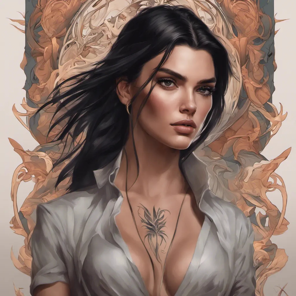 Matte portrait of Kendall Jenner with tattoos, 8k, Highly Detailed, Powerful, Alluring, Artstation, Magical, Digital Painting, Photo Realistic, Sharp Focus, Volumetric Lighting, Concept Art by Stanley Artgerm Lau, Alphonse Mucha, Greg Rutkowski