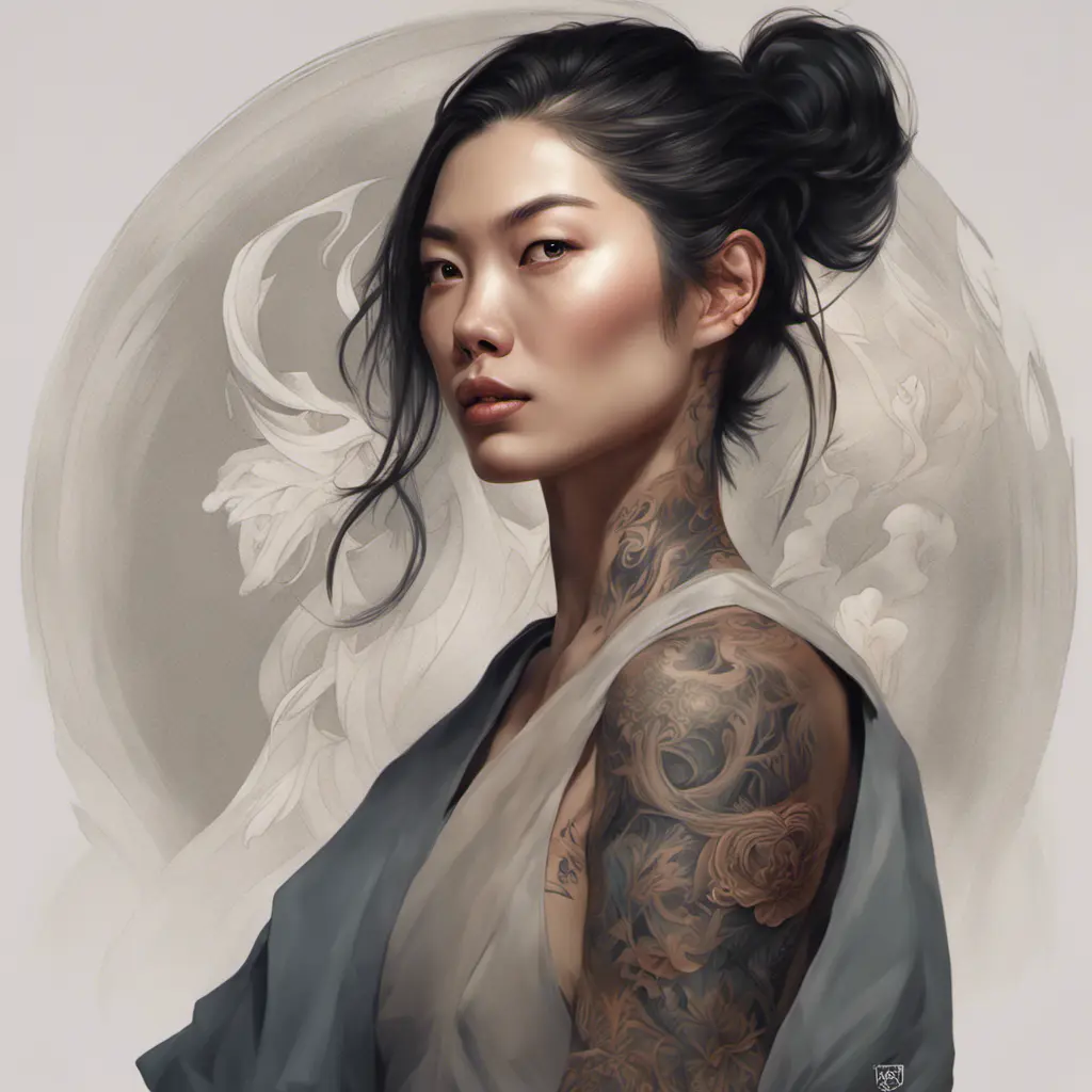 Matte portrait of Liu Wen with tattoos, 8k, Highly Detailed, Powerful, Alluring, Artstation, Magical, Digital Painting, Photo Realistic, Sharp Focus, Volumetric Lighting, Concept Art by Stanley Artgerm Lau, Alphonse Mucha, Greg Rutkowski